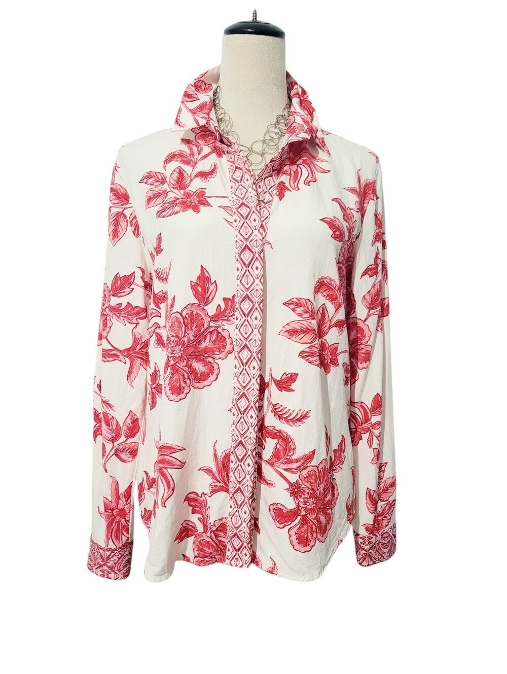 NWOT Zara Floral Linen Blend Button Front Blouse Women's Small Red White Boho - Picture 2 of 12